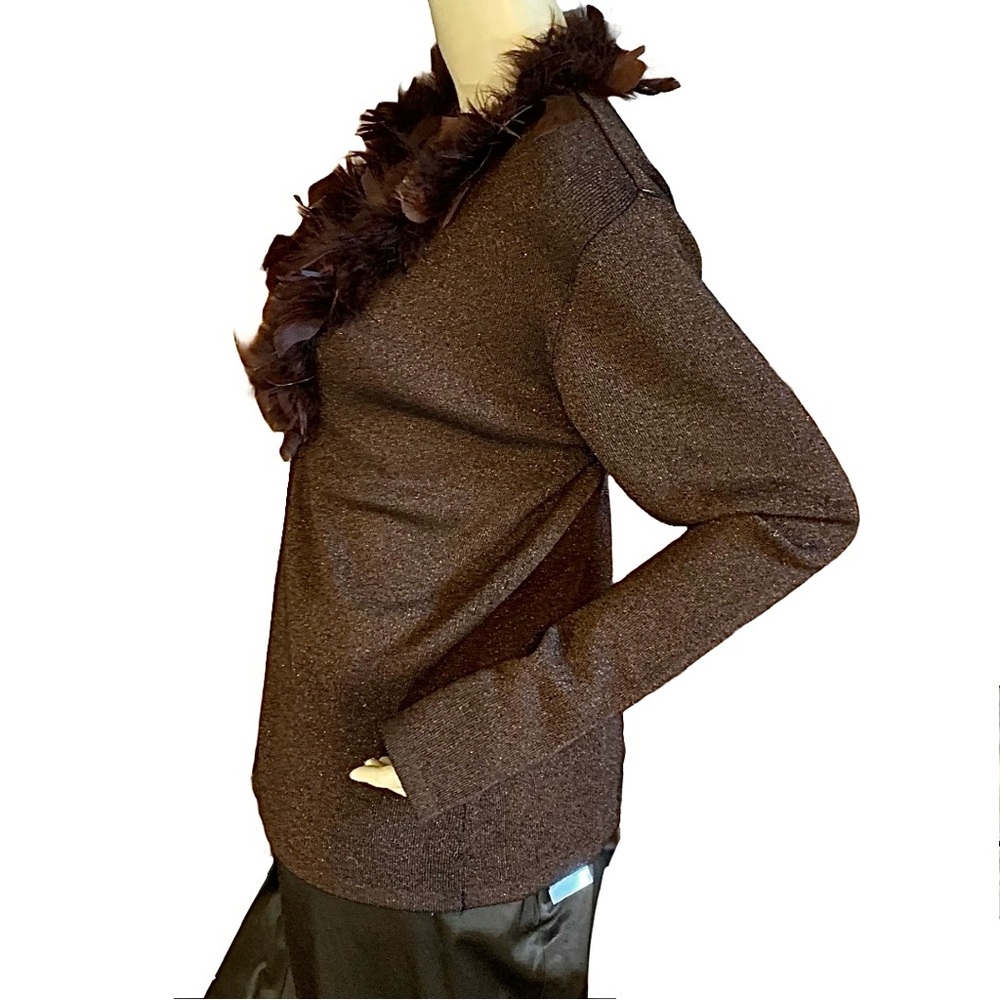 VINTAGE Y2K DRESSBARN BROWN W/METALLIC THREAD CARDIGAN W/FAUX FEATHER COLLAR (M) - Picture 3 of 14